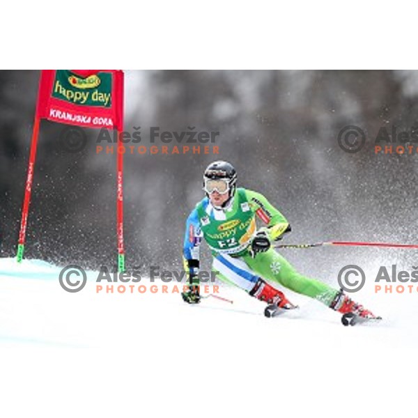 KLemen Kosi (SLO) skiing as forerunner before the first run of AUDI FIS Ski World Cup Giant Slalom for 56.Vitranc Cup in Kranjska gora, Slovenia on March 4, 2017