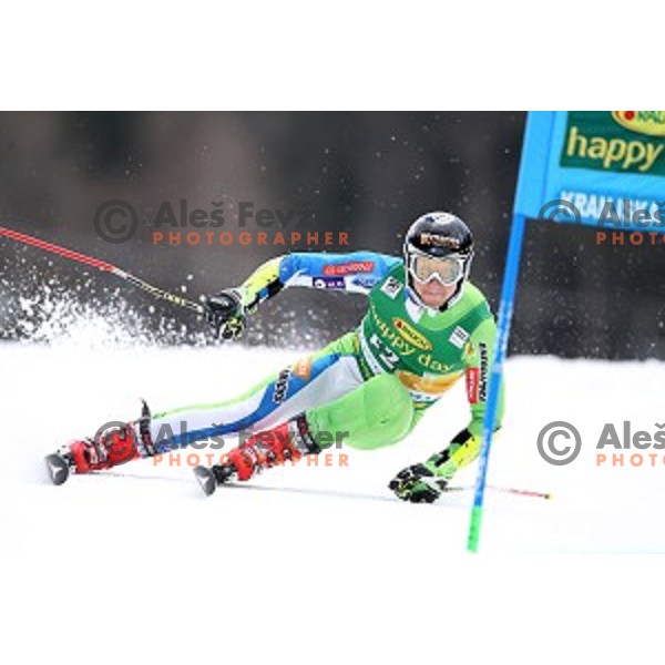 KLemen Kosi (SLO) skiing as forerunner before the first run of AUDI FIS Ski World Cup Giant Slalom for 56.Vitranc Cup in Kranjska gora, Slovenia on March 4, 2017