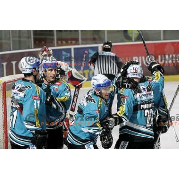 Players from Linz celebrate goal at ice-hockey match ZM Olimpija- Black Wings Linz in EBEL league, played in Ljubljana 28.10.2007. Photo by Ales Fevzer 