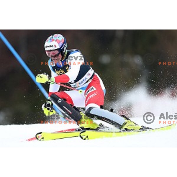 Daniel Yule (SUI) skiing in the first run of AUDI FIS Ski World Cup Slalom for 56.Vitranc Cup in Kranjska Gora, Slovenia on March 5, 2017