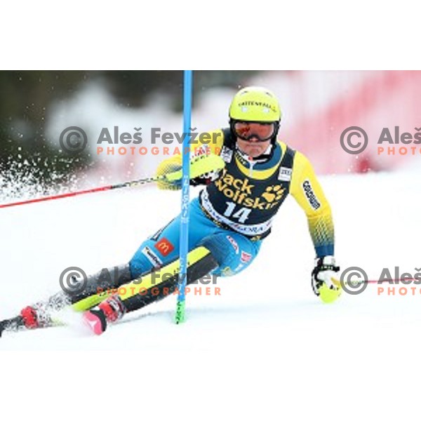 Mattias Hargin (SWE) skiing in the first run of AUDI FIS Ski World Cup Slalom for 56.Vitranc Cup in Kranjska Gora, Slovenia on March 5, 2017