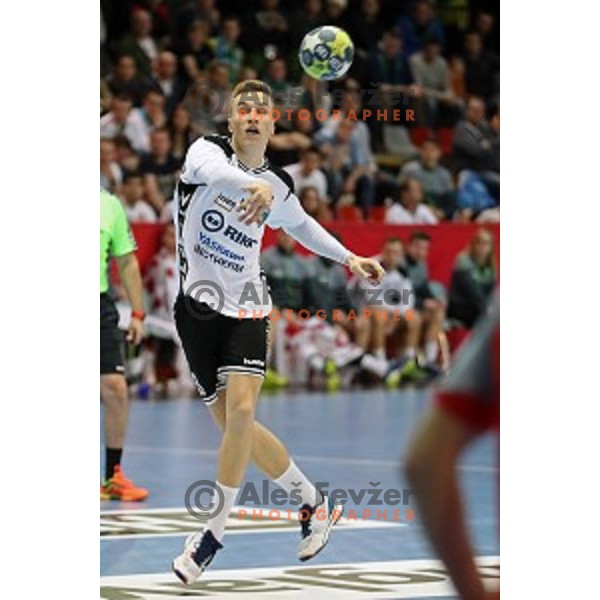 Jan Grebenc of Riko Ribnica in action during EHF Cup handball match between Riko Ribnica and St. Raphael in Kodeljevo Hall, Ljulbjana, Slovenia on March 5, 2017
