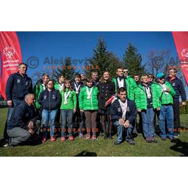 Members of Slovenia Special Olympics team and Ilka Stuhec, World Ski Downhill Champion and Overall World Cup Downhill and Combined winner for 2016/2017 Alpine ski season in hotel Habakuk, Maribor, Slovenia on March 28, 2017