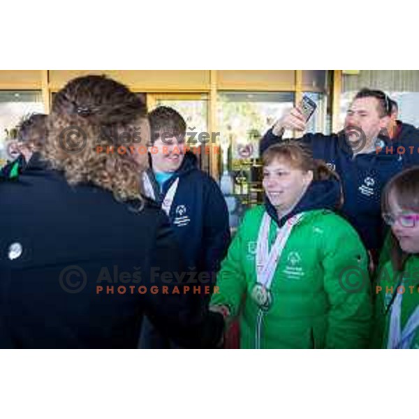 Members of Slovenia Special Olympics team and Ilka Stuhec, World Ski Downhill Champion and Overall World Cup Downhill and Combined winner for 2016/2017 Alpine ski season in hotel Habakuk, Maribor, Slovenia on March 28, 2017