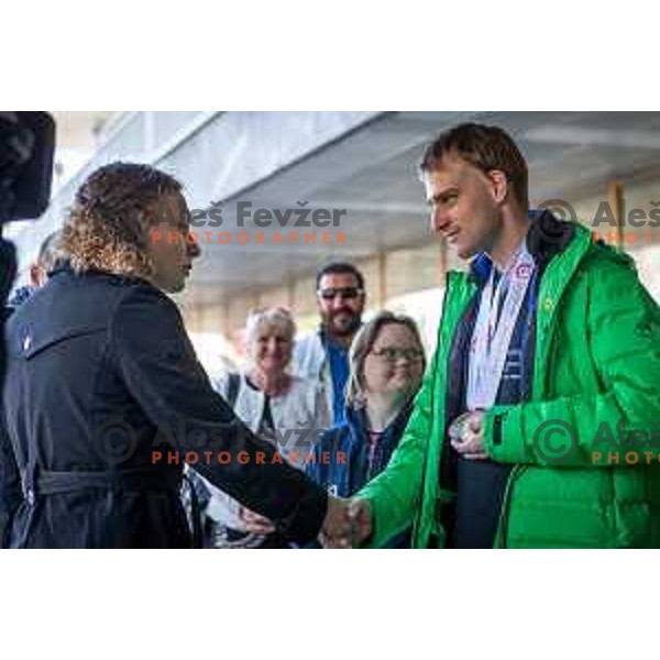 Members of Slovenia Special Olympics team and Ilka Stuhec, World Ski Downhill Champion and Overall World Cup Downhill and Combined winner for 2016/2017 Alpine ski season in hotel Habakuk, Maribor, Slovenia on March 28, 2017