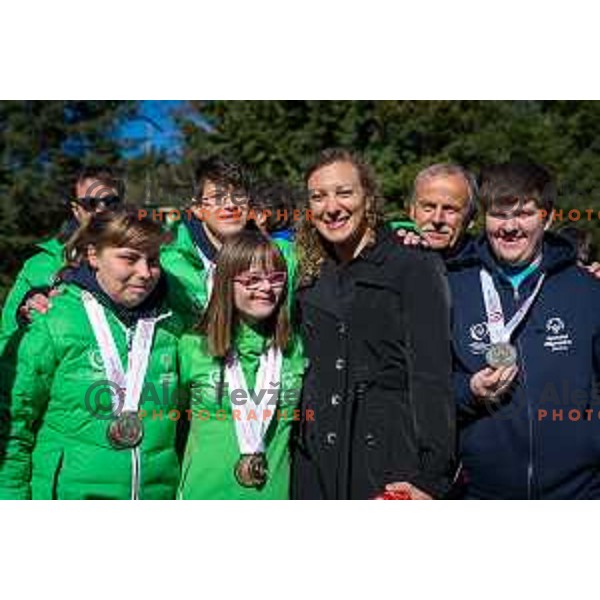 Members of Slovenia Special Olympics team and Ilka Stuhec, World Ski Downhill Champion and Overall World Cup Downhill and Combined winner for 2016/2017 Alpine ski season in hotel Habakuk, Maribor, Slovenia on March 28, 2017