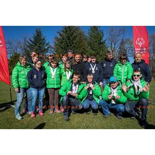 Members of Slovenia Special Olympics team and Ilka Stuhec, World Ski Downhill Champion and Overall World Cup Downhill and Combined winner for 2016/2017 Alpine ski season in hotel Habakuk, Maribor, Slovenia on March 28, 2017