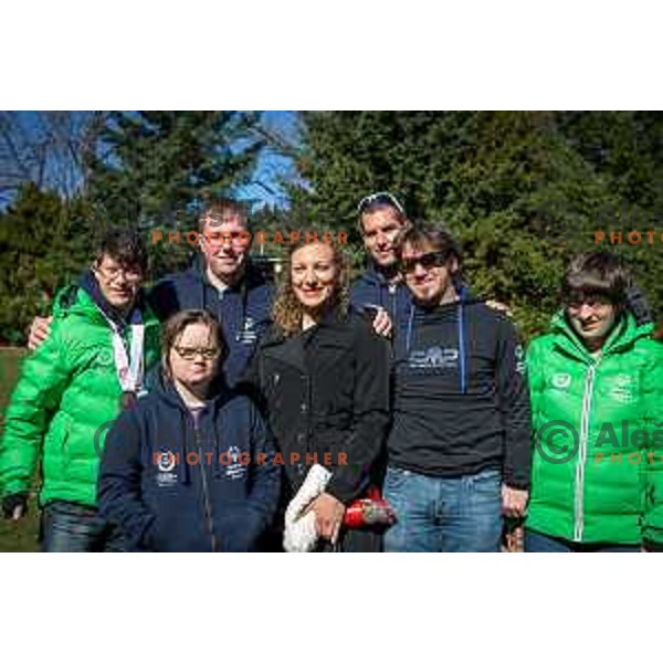 Members of Slovenia Special Olympics team and Ilka Stuhec, World Ski Downhill Champion and Overall World Cup Downhill and Combined winner for 2016/2017 Alpine ski season in hotel Habakuk, Maribor, Slovenia on March 28, 2017