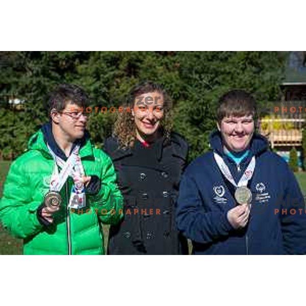 Members of Slovenia Special Olympics team and Ilka Stuhec, World Ski Downhill Champion and Overall World Cup Downhill and Combined winner for 2016/2017 Alpine ski season in hotel Habakuk, Maribor, Slovenia on March 28, 2017