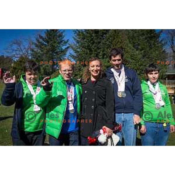 Members of Slovenia Special Olympics team and Ilka Stuhec, World Ski Downhill Champion and Overall World Cup Downhill and Combined winner for 2016/2017 Alpine ski season in hotel Habakuk, Maribor, Slovenia on March 28, 2017