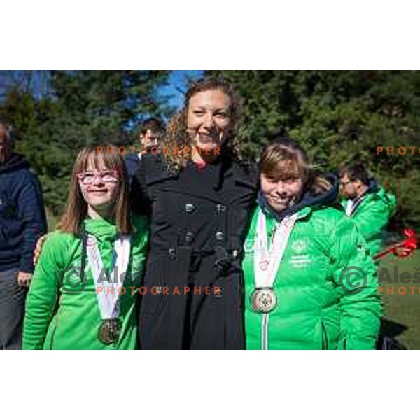 Members of Slovenia Special Olympics team and Ilka Stuhec, World Ski Downhill Champion and Overall World Cup Downhill and Combined winner for 2016/2017 Alpine ski season in hotel Habakuk, Maribor, Slovenia on March 28, 2017