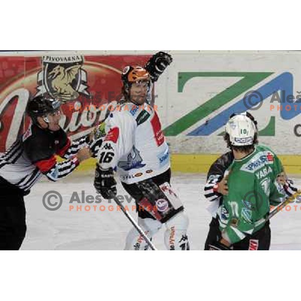 Lindner (16) and Yarema (10) at ice-hockey game ZM Olimpija- Innsbruck in EBEL league, played in Ljubljana 2.11.2007. Photo by Ales Fevzer 