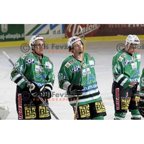 Greg Kuznik (22) , Brendan Yarema (10) and Hocevar (41) after ice-hockey game ZM Olimpija- Innsbruck in EBEL league, played in Ljubljana 2.11.2007. Photo by Ales Fevzer