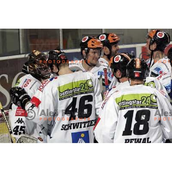 Innsbruck players celebrate victory at ice-hockey game ZM Olimpija- Innsbruck in EBEL league, played in Ljubljana 2.11.2007. Photo by Ales Fevzer 