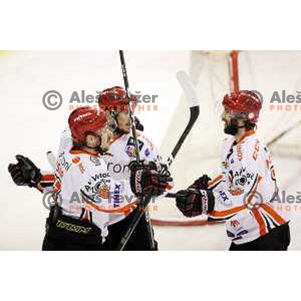 Players of Jesenice celebrate during ice-hockey match between Olimpija Ljubljana and Jesenice in the Final of Slovenian league 2016/2017 in Tivoli Hall, Ljubljana, Slovenia on April 6, 2017