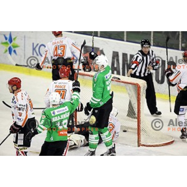 action during ice-hockey match between Olimpija Ljubljana and Jesenice in the Final of Slovenian league 2016/2017 in Tivoli Hall, Ljubljana, Slovenia on April 6, 2017