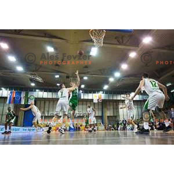 in action during Nova KBM basketball match between Union Olimpija and Krka at Tivoli Hall, Ljubljana, Slovenia, on April 8th, 2017.