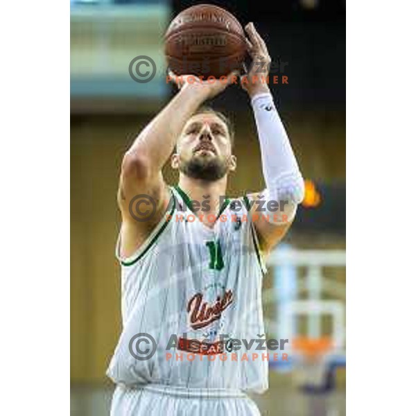 Stevan Milosevic of Union Olimpija in action during Nova KBM basketball match between Union Olimpija and Krka at Tivoli Hall, Ljubljana, Slovenia, on April 8th, 2017.