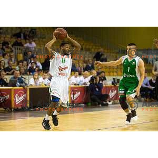 Miguel Jefferson Brandon of Union Olimpija in action during Nova KBM basketball match between Union Olimpija and Krka at Tivoli Hall, Ljubljana, Slovenia, on April 8th, 2017.