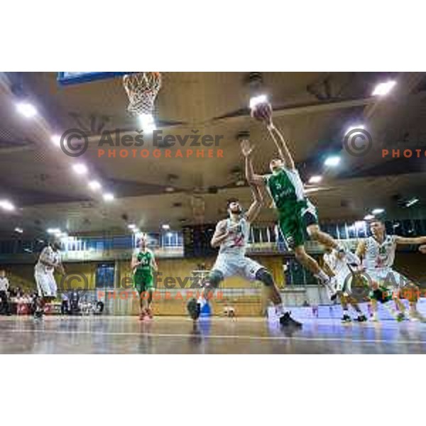 in action during Nova KBM basketball match between Union Olimpija and Krka at Tivoli Hall, Ljubljana, Slovenia, on April 8th, 2017.