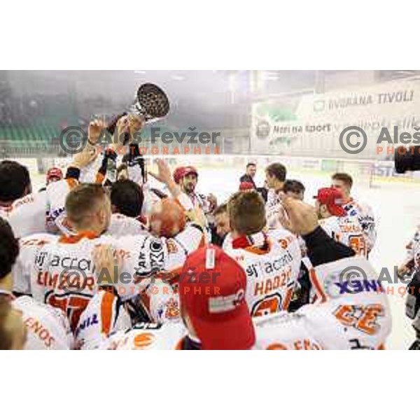 Players of SIJ Acroni Jesenice celebrate victory in third match of the Final of Slovenian League between Olimpija and SIJ Acroni Jesenice in Tivoli Hall, Ljubljana on April 12, 2017 and National League Title for 2016/2017 season