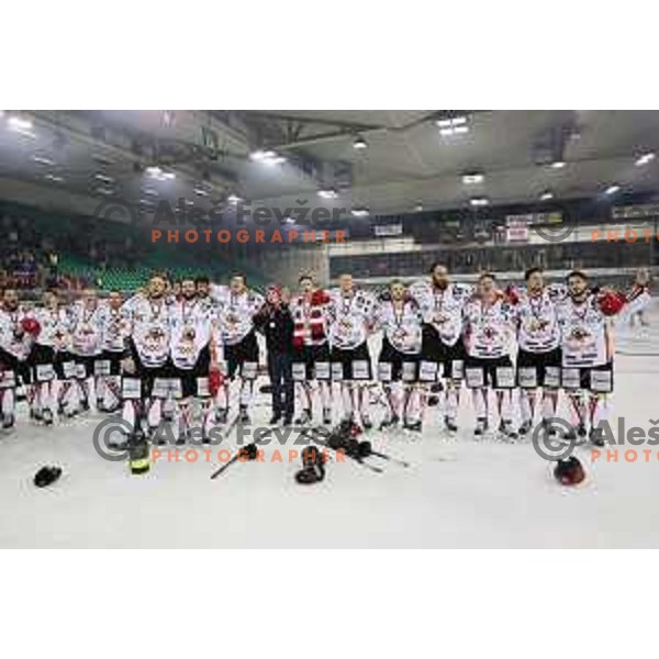 Players of SIJ Acroni Jesenice celebrate victory in third match of the Final of Slovenian League between Olimpija and SIJ Acroni Jesenice in Tivoli Hall, Ljubljana on April 12, 2017 and National League Title for 2016/2017 season
