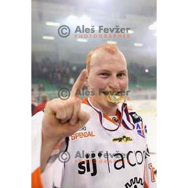 Miha Logar of SIJ Acroni Jesenice celebrates victory in third match of the Final of Slovenian League between Olimpija and SIJ Acroni Jesenice in Tivoli Hall, Ljubljana on April 12, 2017 and National League Title for 2016/2017 season