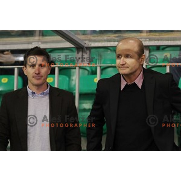 Jaka Avgustincic and Nik Zupancic, head coach of Jesenice during third match of the Final of Slovenian League between Olimpija and SIJ Acroni Jesenice in Tivoli Hall, Ljubljana on April 12, 2017 