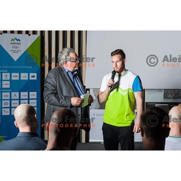 Brane Dmitrovic, Robert Sabolic the Slovenia Ice Hockey team for the Winter Olympic games Pyongchang 2018 at OKS presentation for sponsors at Bled, Slovenia on April 13, 2017