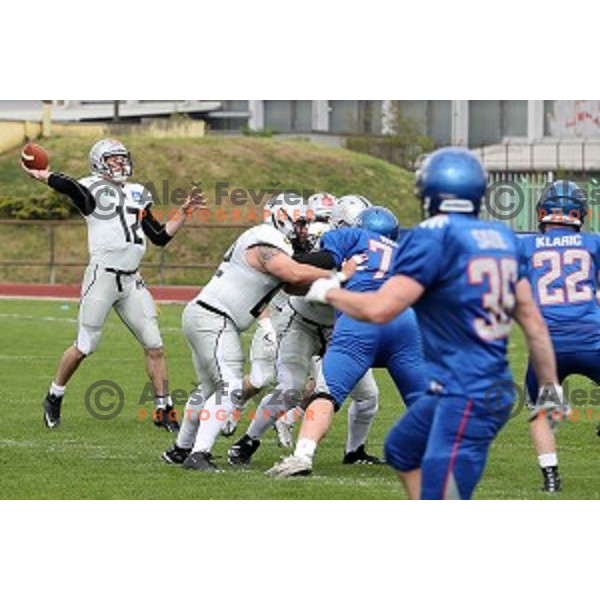QB Sean Shelton nr.12 of Swarco Raiders in action during Austrian Football League match between Ljubljana Silverhawks and Swarco Raiders in Ljubljana on April 15, 2017