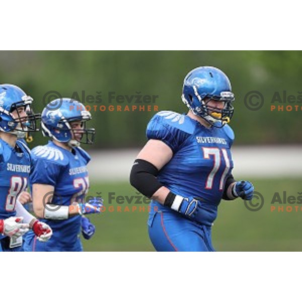 Blaz Kolar nr.71 of Silverhawks in action during Austrian Football League match between Ljubljana Silverhawks and Swarco Raiders in Ljubljana on April 15, 2017