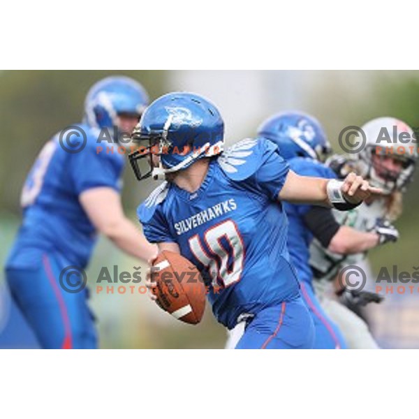 QB Anthony Gardner nr.10 of Silverhawks in action during Austrian Football League match between Ljubljana Silverhawks and Swarco Raiders in Ljubljana on April 15, 2017