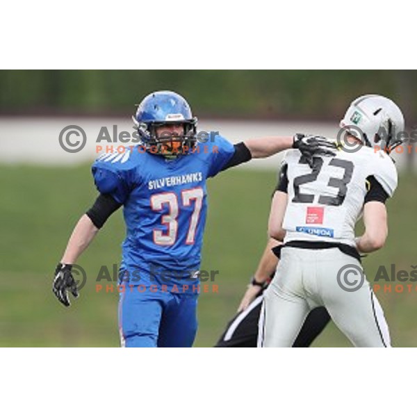 WR Gregor Crepinsek nr.37 of Silverhawks in action during Austrian Football League match between Ljubljana Silverhawks and Swarco Raiders in Ljubljana on April 15, 2017
