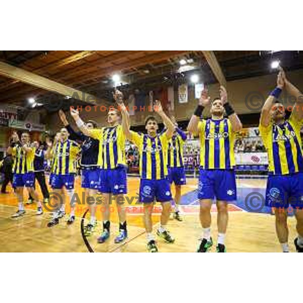 Povilas Babarskas, David Razgor, Matic Suholeznik and other players of Celje celebrating after handball match between Celje PL - Gorenje Velenje, semi final Slovenia cup match 2016/17, played in Dvorana Tabor, Maribor, Slovenia on April 15, 2017