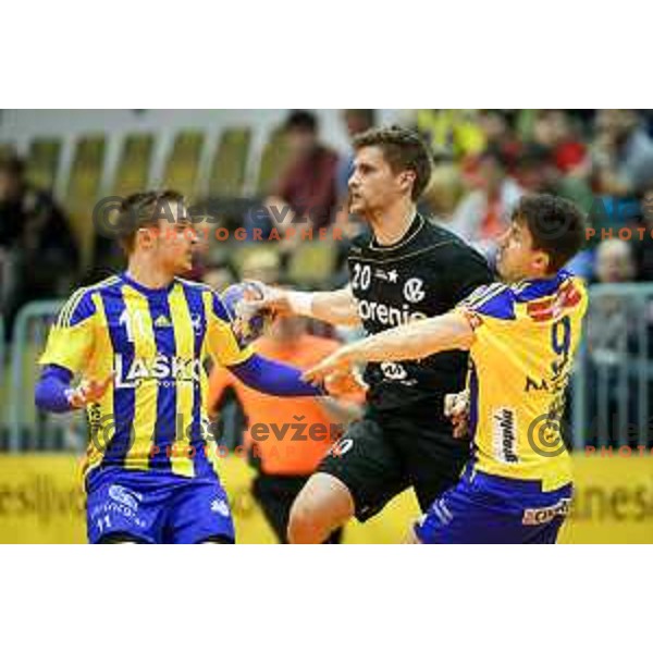 Gal Marguc and David Razgor of Celje vs Luka Mitrovic of Gorenje Velenje in action during handball match between Celje PL - Gorenje Velenje, semi final Slovenia cup match 2016/17, played in Dvorana Tabor, Maribor, Slovenia on April 15, 2017