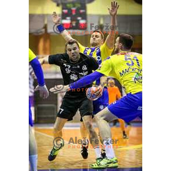 Matjaz Brumen of Gorenje Velenje vs Ziga Mlakar of Celje in action during handball match between Celje PL - Gorenje Velenje, semi final Slovenia cup match 2016/17, played in Dvorana Tabor, Maribor, Slovenia on April 15, 2017