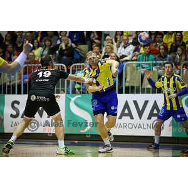 Ziga Mlakar of Celje in action during handball match between Celje PL - Gorenje Velenje, semi final Slovenia cup match 2016/17, played in Dvorana Tabor, Maribor, Slovenia on April 15, 2017