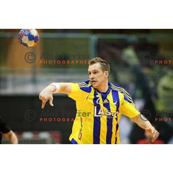 Povilas Babarskas of Celje in action during handball match between Celje PL - Gorenje Velenje, semi final Slovenia cup match 2016/17, played in Dvorana Tabor, Maribor, Slovenia on April 15, 2017