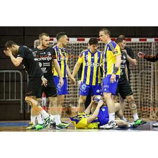 Luka Zvizej, David Razgor and other players of Celje in action during handball match between Celje PL - Gorenje Velenje, semi final Slovenia cup match 2016/17, played in Dvorana Tabor, Maribor, Slovenia on April 15, 2017