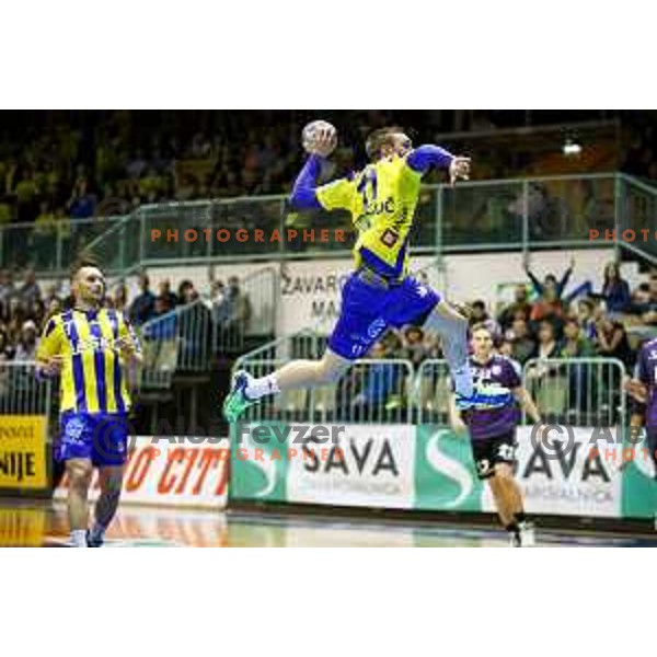 Gal Marguc of Celje PL in action during handball match between Maribor Branik - Celje PL, final Slovenia cup match 2016/17, played in Dvorana Tabor, Maribor, Slovenia on April 16, 2017