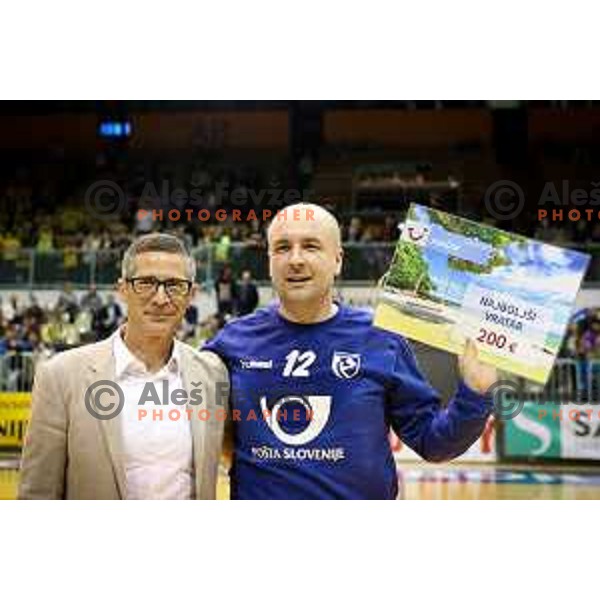 Gregor Cudic of Maribor Branik receiving best goal keeper award after handball match between Maribor Branik - Celje PL, final Slovenia cup match 2016/17, played in Dvorana Tabor, Maribor, Slovenia on April 16, 2017