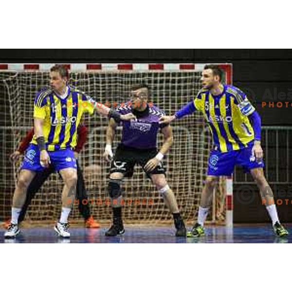 Vid Poteko and Borut Mackovsek of Celje PL vs Zvonimir Kapular of Maribor Branik in action during handball match between Maribor Branik - Celje PL, final Slovenia cup match 2016/17, played in Dvorana Tabor, Maribor, Slovenia on April 16, 2017