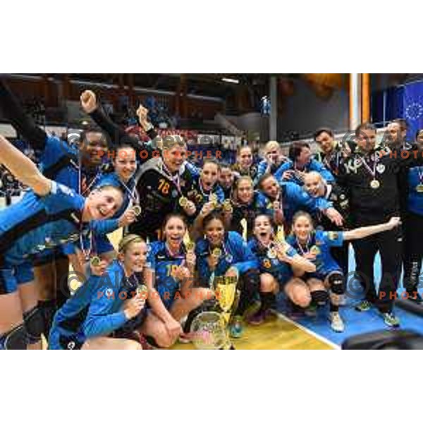 Players of Krim Mercator celebrate victory in Slovenian Cup after winning handball match between Celje and Krim Mercator in Golovec Hall, Celje on April 23, 2017