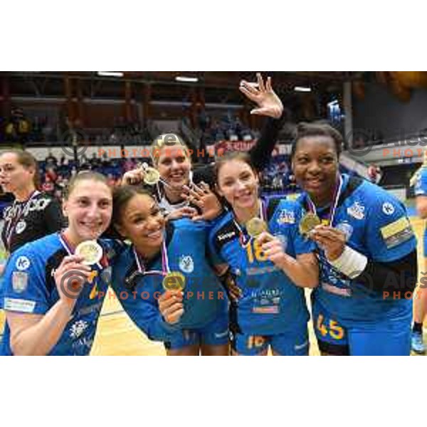 Players of Krim Mercator celebrate victory in Slovenian Cup after winning handball match between Celje and Krim Mercator in Golovec Hall, Celje on April 23, 2017