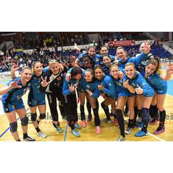 Players of Krim Mercator celebrate victory in Slovenian Cup after winning handball match between Celje and Krim Mercator in Golovec Hall, Celje on April 23, 2017