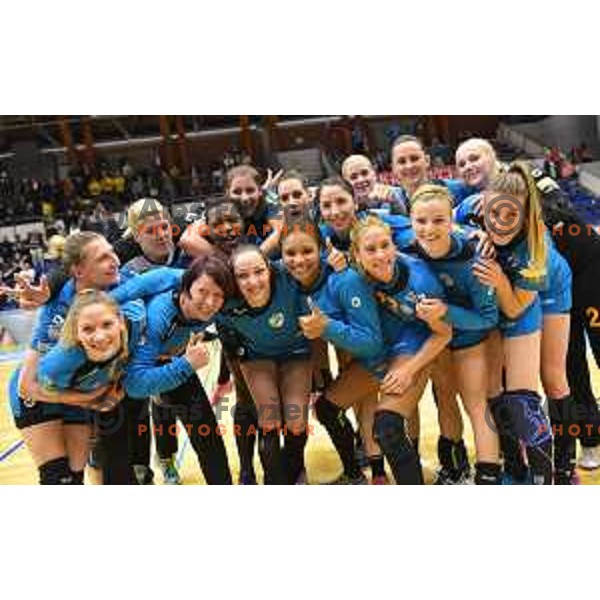 Players of Krim Mercator celebrate victory in Slovenian Cup after winning handball match between Celje and Krim Mercator in Golovec Hall, Celje on April 23, 2017