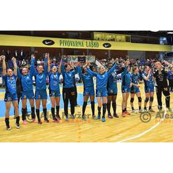 Players of Krim Mercator celebrate victory in Slovenian Cup after winning handball match between Celje and Krim Mercator in Golovec Hall, Celje on April 23, 2017