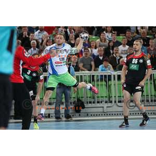 Gasper Marguc in action during Euro 2018 Qualifyers handball match between Slovenia and Germany in SRC Stozice, Ljubljana, Slovenia on May 3,2017