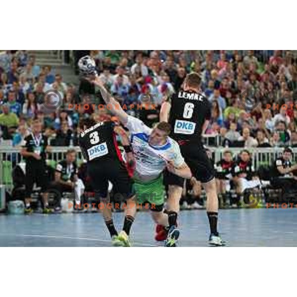 action during Euro 2018 Qualifyers handball match between Slovenia and Germany in SRC Stozice, Ljubljana, Slovenia on May 3,2017