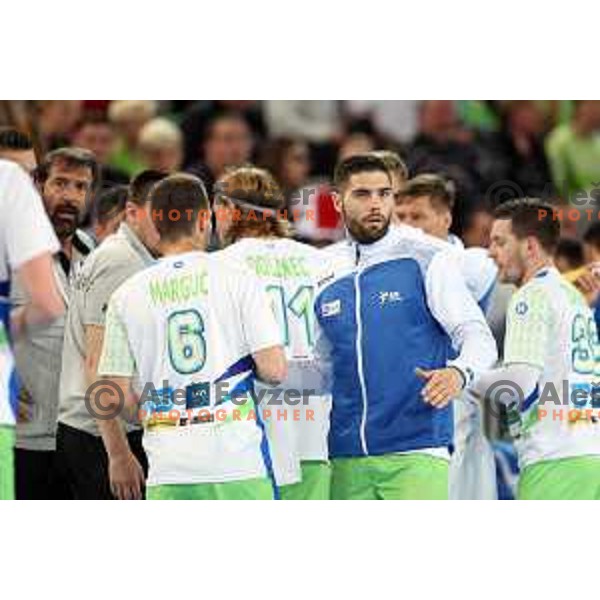 Blaz Janc in action during Euro 2018 Qualifyers handball match between Slovenia and Germany in SRC Stozice, Ljubljana, Slovenia on May 3,2017